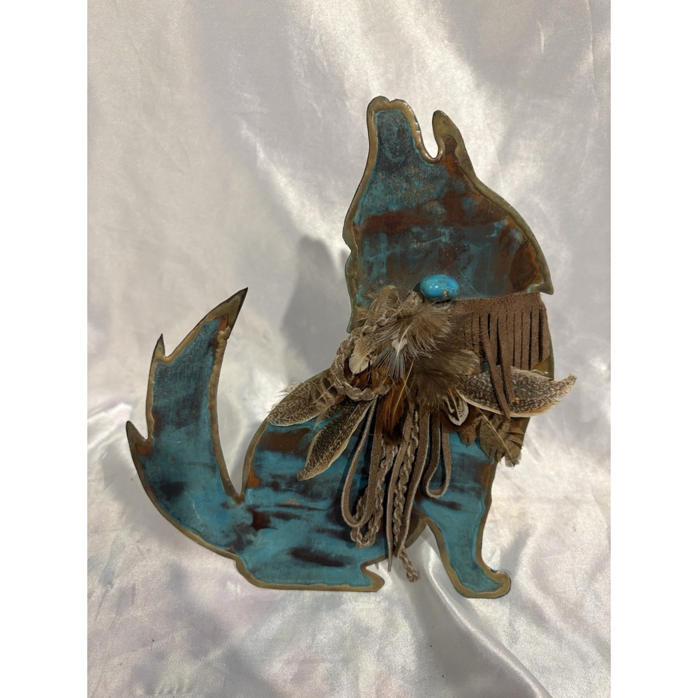 Howling Coyote Copper Metal Art Figurine handcrafted Signed Turquoise stone